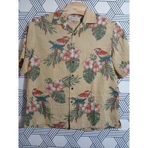 Mens Caribbean Hawaiian Parrot Print Button Front Size XL Silk Blend